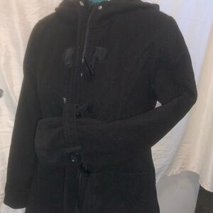 SOLD. SOLD Black hooded Peacoat. Fleece line hood. Zip inner. Toggle outer.  S/M